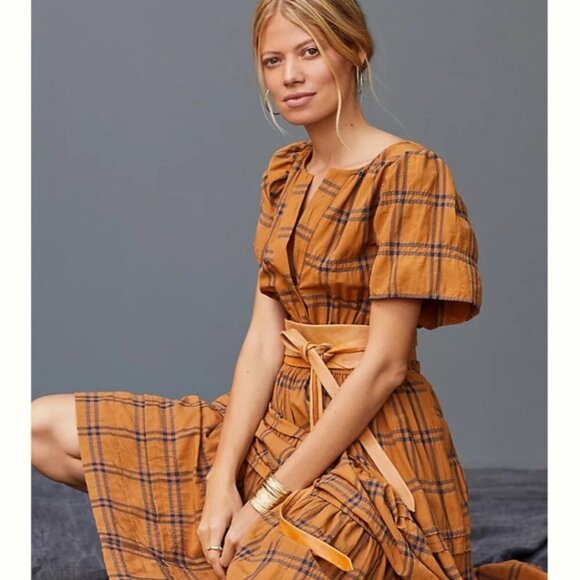 NWT Maeve by Anthropologie Somerset Maxi in Maize Plaid Tiered Cotton Dress 2X - Picture 2 of 6